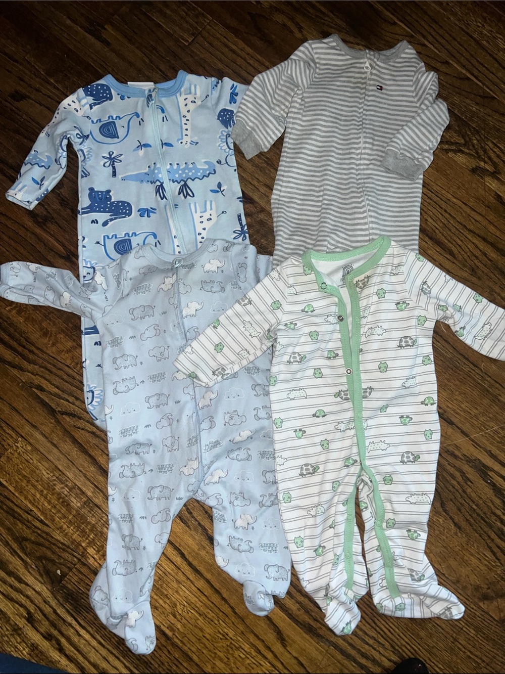 Unbranded Baby One-Piece Footed Sleepers - Blue, Gray, Green Prints (4-Pack)